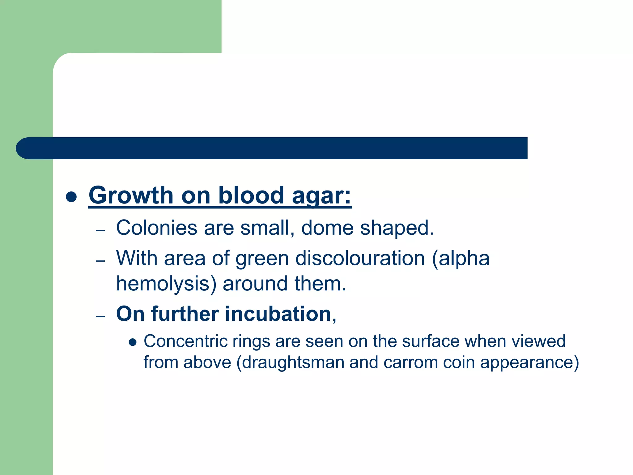  Growth on blood agar:
– Colonies are small, dome shaped.
– With area of green discolouration (alpha
hemolysis) around them.
– On further incubation,
 Concentric rings are seen on the surface when viewed
from above (draughtsman and carrom coin appearance)
 