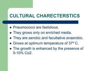 CULTURAL CHARECTERSTICS
 Pneumococci are fastidious.
 They grows only on enriched media.
 They are aerobic and facultative anaerobic.
 Grows at optimum temperature of 37º C.
 The growth is enhanced by the presence of
5-10% Co2.
 
