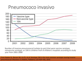Pneumococo invasivo
Number of invasive pneumococcal isolates (y-axis) that were vaccine serotype,
nonvaccine serotype, or 19A in children from 8 children’s hospitals according to study
year from 2001-2008
From Kaplan SL, Barson WJ, Lin PL, et al: Serotype 19A is the most common serotype causing invasive
pneumococcal infections in children, Pediatrics 125:429–436, 2010.
 