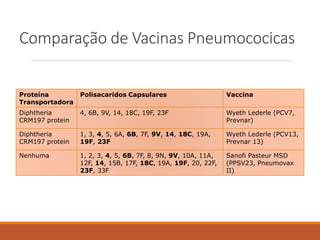 Comparação de Vacinas Pneumococicas
Proteína
Transportadora
Polisacaridos Capsulares Vaccina
Diphtheria
CRM197 protein
4, 6B, 9V, 14, 18C, 19F, 23F Wyeth Lederle (PCV7,
Prevnar)
Diphtheria
CRM197 protein
1, 3, 4, 5, 6A, 6B, 7F, 9V, 14, 18C, 19A,
19F, 23F
Wyeth Lederle (PCV13,
Prevnar 13)
Nenhuma 1, 2, 3, 4, 5, 6B, 7F, 8, 9N, 9V, 10A, 11A,
12F, 14, 15B, 17F, 18C, 19A, 19F, 20, 22F,
23F, 33F
Sanofi Pasteur MSD
(PPSV23, Pneumovax
II)
 
