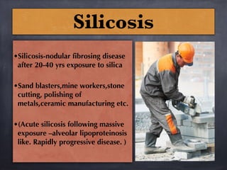 Silicosis

•Silicosis-nodular fibrosing disease
after 20-40 yrs exposure to silica

•Sand blasters,mine workers,stone
cutting, polishing of
metals,ceramic manufacturing etc.

•(Acute silicosis following massive
exposure –alveolar lipoproteinosis
like. Rapidly progressive disease. )
 