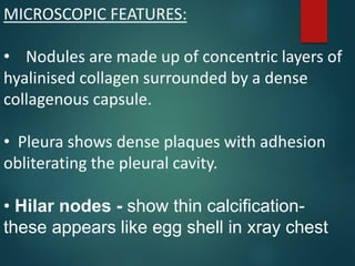 MICROSCOPIC FEATURES:
• Nodules are made up of concentric layers of
hyalinised collagen surrounded by a dense
collagenous capsule.
• Pleura shows dense plaques with adhesion
obliterating the pleural cavity.
• Hilar nodes - show thin calcification-
these appears like egg shell in xray chest
 