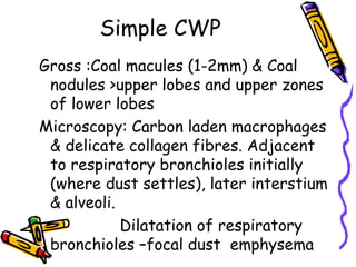 Simple CWP
Gross :Coal macules (1-2mm) & Coal
nodules >upper lobes and upper zones
of lower lobes
Microscopy: Carbon laden macrophages
& delicate collagen fibres. Adjacent
to respiratory bronchioles initially
(where dust settles), later interstium
& alveoli.
Dilatation of respiratory
bronchioles –focal dust emphysema
 