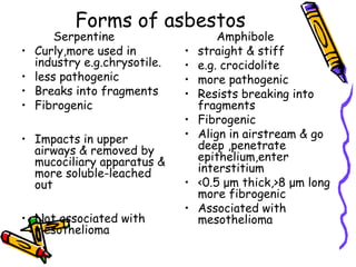 Forms of asbestos
Serpentine
• Curly,more used in
industry e.g.chrysotile.
• less pathogenic
• Breaks into fragments
• Fibrogenic
• Impacts in upper
airways & removed by
mucociliary apparatus &
more soluble-leached
out
• Not associated with
mesothelioma
Amphibole
• straight & stiff
• e.g. crocidolite
• more pathogenic
• Resists breaking into
fragments
• Fibrogenic
• Align in airstream & go
deep ,penetrate
epithelium,enter
interstitium
• <0.5 μm thick,>8 μm long
more fibrogenic
• Associated with
mesothelioma
 