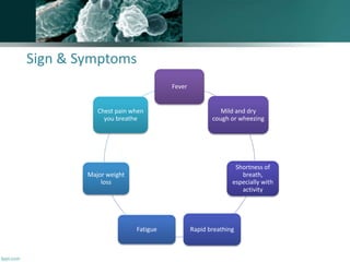 Sign & Symptoms
Fever
Mild and dry
cough or wheezing
Shortness of
breath,
especially with
activity
Rapid breathingFatigue
Major weight
loss
Chest pain when
you breathe
 