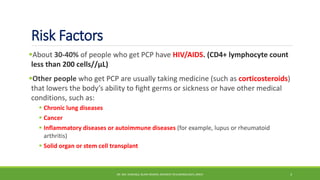 Risk Factors
About 30-40% of people who get PCP have HIV/AIDS. (CD4+ lymphocyte count
less than 200 cells//µL)
Other people who get PCP are usually taking medicine (such as corticosteroids)
that lowers the body’s ability to fight germs or sickness or have other medical
conditions, such as:
 Chronic lung diseases
 Cancer
 Inflammatory diseases or autoimmune diseases (for example, lupus or rheumatoid
arthritis)
 Solid organ or stem cell transplant
DR. MD. SHAFIQUL ISLAM DEWAN, RESIDENT (PULMONOLOGY), DMCH 3
 
