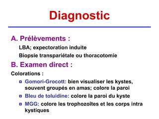 Diagnostic
A. Prélèvements :
   LBA; expectoration induite
   Biopsie transpariétale ou thoracotomie
B. Examen direct :
Colorations :
   ◘ Gomori-Grocott: bien visualiser les kystes,
     souvent groupés en amas; colore la paroi
   ◘ Bleu de toluidine: colore la paroi du kyste
   ◘ MGG: colore les trophozoîtes et les corps intra
     kystiques
 