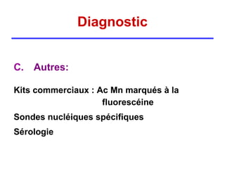 Diagnostic


C. Autres:

Kits commerciaux : Ac Mn marqués à la
                    fluorescéine
Sondes nucléiques spécifiques
Sérologie
 