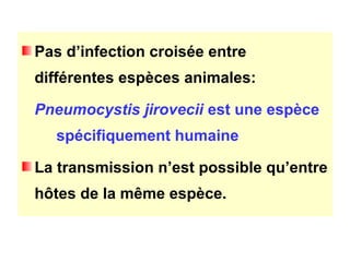 Pas d’infection croisée entre
différentes espèces animales:

Pneumocystis jirovecii est une espèce
  spécifiquement humaine

La transmission n’est possible qu’entre
hôtes de la même espèce.
 