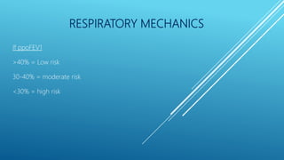 RESPIRATORY MECHANICS
If ppoFEV1
>40% = Low risk
30-40% = moderate risk
<30% = high risk
 
