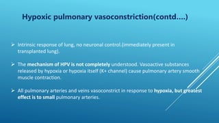 Hypoxic pulmonary vasoconstriction(contd….)
 Intrinsic response of lung, no neuronal control.(immediately present in
transplanted lung).
 The mechanism of HPV is not completely understood. Vasoactive substances
released by hypoxia or hypoxia itself (K+ channel) cause pulmonary artery smooth
muscle contraction.
 All pulmonary arteries and veins vasoconstrict in response to hypoxia, but greatest
effect is to small pulmonary arteries.
 