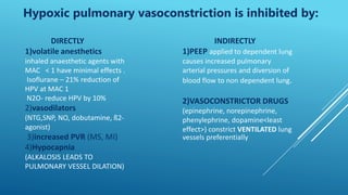 Hypoxic pulmonary vasoconstriction is inhibited by:
DIRECTLY
1)volatile anesthetics
inhaled anaesthetic agents with
MAC < 1 have minimal effects .
Isoflurane – 21% reduction of
HPV at MAC 1
N2O- reduce HPV by 10%
2)vasodilators
(NTG,SNP, NO, dobutamine, ß2-
agonist)
3)increased PVR (MS, MI)
4)Hypocapnia
(ALKALOSIS LEADS TO
PULMONARY VESSEL DILATION)
INDIRECTLY
1)PEEP applied to dependent lung
causes increased pulmonary
arterial pressures and diversion of
blood flow to non dependent lung.
2)VASOCONSTRICTOR DRUGS
(epinephrine, norepinephrine,
phenylephrine, dopamine<least
effect>) constrict VENTILATED lung
vessels preferentially
 