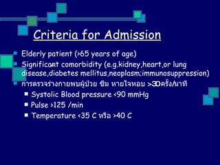 Criteria for Admission Elderly patient ( >65 years of age ) Significant comorbidity  ( e.g.kidney,heart,or lung   disease,diabetes mellitus,neoplasm;immunosuppression ) การตรวจร่างกายพบผู้ป่วย ซึม หายใจหอบ  > 30  ครั้ง / นาที Systolic Blood pressure <90 mmHg Pulse >125 /min Temperature <35 C  หรือ  >40 C ,, 