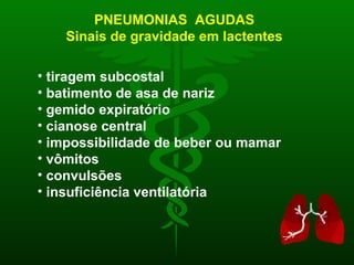 PNEUMONIAS  AGUDAS Sinais de gravidade em lactentes tiragem subcostal batimento de asa de nariz gemido expiratório cianose central impossibilidade de beber ou mamar vômitos convulsões insuficiência ventilatória   