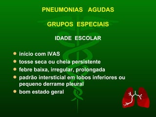 PNEUMONIAS  AGUDAS GRUPOS  ESPECIAIS IDADE  ESCOLAR início com IVAS tosse seca ou cheia persistente febre baixa, irregular, prolongada padrão intersticial em lobos inferiores ou pequeno derrame pleural bom estado geral 
