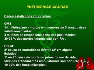 PNEUMONIAS AGUDAS Dados estatísticos importantes : OMS: 14  milhões/ano - mortes em menores de 5 anos, países subdesenvolvidos; 4 milhões de responsabilidade das pneumonias; 30-35 % das mortes infantis são por IRA . Brasil: 3ª causa de mortalidade infantil (2ª em alguns Estados); 1ª ou 2ª causa de morte no primeiro ano de vida; 50% dos atendimentos ambulatoriais são por IRA; 10-30% das hospitalizações. 