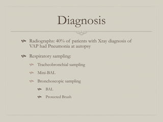Diagnosis
  Radiographs: 40% of patients with Xray diagnosis of
    VAP had Pneumonia at autopsy

  Respiratory sampling:
      Tracheobronchial sampling
      Mini-BAL
      Bronchoscopic sampling
          BAL
          Protected Brush
 