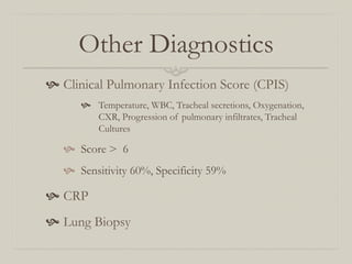 Other Diagnostics
  Clinical Pulmonary Infection Score (CPIS)
        Temperature, WBC, Tracheal secretions, Oxygenation,
          CXR, Progression of pulmonary infiltrates, Tracheal
          Cultures

     Score > 6
     Sensitivity 60%, Specificity 59%

  CRP
  Lung Biopsy
 