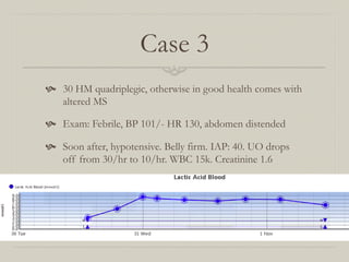 Case 3
  30 HM quadriplegic, otherwise in good health comes with
    altered MS

  Exam: Febrile, BP 101/- HR 130, abdomen distended

  Soon after, hypotensive. Belly firm. IAP: 40. UO drops
    off from 30/hr to 10/hr. WBC 15k. Creatinine 1.6
 