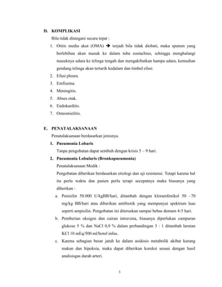 D. KOMPLIKASI
Bila tidak ditangani secara tepat :
1. Otitis media akut (OMA)  terjadi bila tidak diobati, maka sputum yang
berlebihan akan masuk ke dalam tuba eustachius, sehingga menghalangi
masuknya udara ke telinga tengah dan mengakibatkan hampa udara, kemudian
gendang telinga akan tertarik kedalam dan timbul efusi.
2. Efusi pleura.
3. Emfisema.
4. Meningitis.
5. Abses otak.
6. Endokarditis.
7. Osteomielitis.

E. PENATALAKSANAAN
Penatalaksanaan berdasarkan jenisnya.
1. Pneumonia Lobaris
Tanpa pengobatan dapat sembuh dengan krisis 5 – 9 hari.
2. Pneumonia Lobularis (Bronkopneumonia)
Penatalaksanaan Medik :
Pengobatan diberikan berdasarkan etiologi dan uji resistensi. Tetapi karena hal
itu perlu waktu dan pasien perlu terapi secepatnya maka biasanya yang
diberikan :
a. Penisilin 50.000 U/kgBB/hari, ditambah dengan kloramfenikol 50 –70
mg/kg BB/hari atau diberikan antibiotik yang mempunyai spektrum luas
seperti ampisilin. Pengobatan ini diteruskan sampai bebas demam 4-5 hari.
b. Pemberian oksigen dan cairan intravena, biasanya diperlukan campuran
glukose 5 % dan NaCl 0,9 % dalam perbandingan 3 : 1 ditambah larutan
KCl 10 mEq/500 ml/botol infus.
c. Karena sebagian besar jatuh ke dalam asidosis metabolik akibat kurang
makan dan hipoksia, maka dapat diberikan koreksi sesuai dengan hasil
analisisgas darah arteri.

3

 