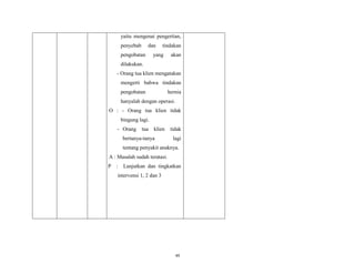 yaitu mengenai pengertian,
penyebab

dan

pengobatan

tindakan

yang

akan

dilakukan.
- Orang tua klien mengatakan
mengerti bahwa tindakan
pengobatan

hernia

hanyalah dengan operasi.
O : - Orang tua klien tidak
bingung lagi.
- Orang

tua

klien

bertanya-tanya

tidak
lagi

tentang penyakit anaknya.
A : Masalah sudah teratasi.
P

:

Lanjutkan dan tingkatkan

intervensi 1, 2 dan 3

48

 