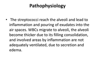 Pathophysiology
• The streptococci reach the alveoli and lead to
inflammation and pouring of exudates into the
air spaces. WBCs migrate to alveoli, the alveoli
become thicker due to its filling consolidation,
and involved areas by inflammation are not
adequately ventilated, due to secretion and
edema.
 