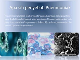 Apa sih penyebab Pneumonia?
Pneumonia merupakan infeksi yang terjadi pada jaringan paru (parenkim)
yang disebabkan oleh bakteri, virus atau jamur. Umumnya disebabkan oleh
bakteri streptokokus (Streptococcus) ,bakteri Mycoplasma pneumoniae, dan
bakteri Diplococcus pneumonia
 