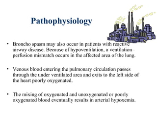 Pathophysiology
• Broncho spasm may also occur in patients with reactive
airway disease. Because of hypoventilation, a ventilation–
perfusion mismatch occurs in the affected area of the lung.
• Venous blood entering the pulmonary circulation passes
through the under ventilated area and exits to the left side of
the heart poorly oxygenated.
• The mixing of oxygenated and unoxygenated or poorly
oxygenated blood eventually results in arterial hypoxemia.
 