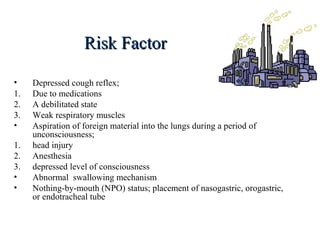 Risk FactorRisk Factor
• Depressed cough reflex;
1. Due to medications
2. A debilitated state
3. Weak respiratory muscles
• Aspiration of foreign material into the lungs during a period of
unconsciousness;
1. head injury
2. Anesthesia
3. depressed level of consciousness
• Abnormal swallowing mechanism
• Nothing-by-mouth (NPO) status; placement of nasogastric, orogastric,
or endotracheal tube
 