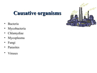 Causative organismsCausative organisms
• Bacteria
• Mycobacteria
• Chlamydiae
• Mycoplasma
• Fungi
• Parasites
• Viruses
 