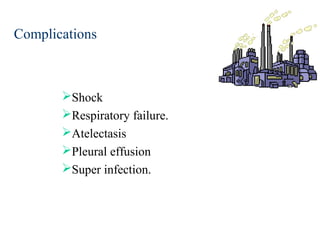 Complications
Shock
Respiratory failure.
Atelectasis
Pleural effusion
Super infection.
 