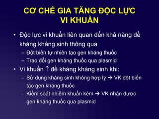 CƠ CHẾ GIA TĂNG ĐỘC LỰC
VI KHUẨN
• Độc lực vi khuẩn liên quan đến khả năng đề
kháng kháng sinh thông qua
– Đột biến tự nhiên tạo gen kháng thuốc
– Trao đổi gen kháng thuốc qua plasmid
• Vi khuẩn  đề kháng kháng sinh khi:
– Sử dụng kháng sinh không hợp lý  VK đột biến
tạo gen kháng thuốc
– Kiểm soát nhiễm khuẩn kém  VK nhận được
gen kháng thuốc qua plasmid
 