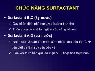  Surfactant B,C (kỵ nƣớc)
 Duy trì ổn định phế nang và đường thở nhỏ
 Thông qua cơ chế làm giảm sức căng bề mặt
 Surfactant A,D (ƣa nƣớc)
 Nhận diện & gắn tác nhân xâm nhập qua đầu tận C 
tiêu diệt và làm suy yếu bảo vệ
 Gắn với thực bào qua đầu tận N  hoạt hóa thực bào
CHỨC NĂNG SURFACTANT
 