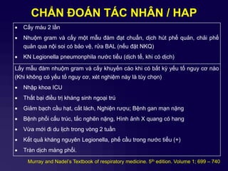 CHẨN ĐOÁN TÁC NHÂN / HAP
Murray and Nadel’s Textbook of respiratory medicine. 5th edition. Volume 1; 699 – 740
 Cấy máu 2 lần
 Nhuộm gram và cấy một mẫu đàm đạt chuẩn, dịch hút phế quản, chải phế
quản qua nội soi có bảo vệ, rửa BAL (nếu đặt NKQ)
 KN Legionella pneumonphila nước tiểu (dịch tể, khi có dịch)
Lấy mẫu đàm nhuộm gram và cấy khuyến cáo khi có bất kỳ yếu tố nguy cơ nào
(Khi không có yếu tố nguy cơ, xét nghiệm này là tùy chọn)
 Nhập khoa ICU
 Thất bại điều trị kháng sinh ngoại trú
 Giảm bạch cầu hạt, cắt lách, Nghiện rượu; Bệnh gan mạn nặng
 Bệnh phổi cấu trúc, tắc nghẽn nặng, Hình ảnh X quang có hang
 Vừa mới đi du lịch trong vòng 2 tuần
 Kết quả kháng nguyên Legionella, phế cầu trong nước tiểu (+)
 Tràn dịch màng phổi.
 