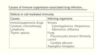 Causes of immune suppression-associated lung infection…
Defects in cell-mediated immunity
Causes Infecting organisms
Immunosuppressive drugs
Cytotoxic chemotherapy
Lymphoma
Thymic aplasia
Viruses
Cytomegalovirus ,Herpesvirus,
Adenovirus ,Influenza
Fungi
Pneumocystis jirovecii (formerly
carinii)
Candida albicans
Aspergillus fumigatus
 