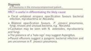 Diagnosis
of Pneumonia in the immunocompromised patient…
HRCT is useful in differentiating the likely cause:
 Focal unilateral airspace opacification favours bacterial
infection, mycobacteria or Nocardia.
 Bilateral opacification favours. P. jirovecii pneumonia,
fungi, viruses and unusual bacteria, e.g. Nocardia.
Cavitation may be seen with N. asteroides, mycobacteria
and fungi.
The presence of a ‘halo sign’ may suggest Aspergillus.
Pleural effusions suggest a pyogenic bacterial infection and
are uncommon in P. jirovecii pneumonia.
 