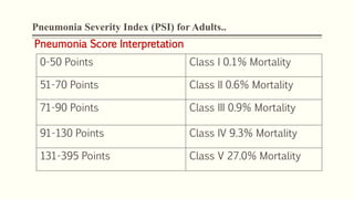 Pneumonia Severity Index (PSI) for Adults..
Pneumonia Score Interpretation
0-50 Points Class I 0.1% Mortality
51-70 Points Class II 0.6% Mortality
71-90 Points Class III 0.9% Mortality
91-130 Points Class IV 9.3% Mortality
131-395 Points Class V 27.0% Mortality
 
