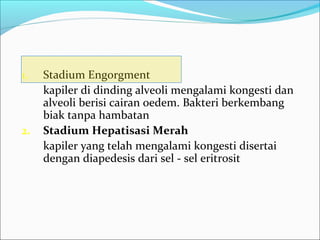 1. Stadium Engorgment
kapiler di dinding alveoli mengalami kongesti dan
alveoli berisi cairan oedem. Bakteri berkembang
biak tanpa hambatan
2. Stadium Hepatisasi Merah
kapiler yang telah mengalami kongesti disertai
dengan diapedesis dari sel - sel eritrosit
 