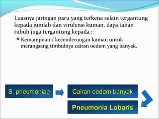 Luasnya jaringan paru yang terkena selain tergantung
kepada jumlah dan virulensi kuman, daya tahan
tubuh juga tergantung kepada :
Kemampuan / kecenderungan kuman untuk
merangsang timbulnya cairan oedem yang banyak.
S. pneumoniaeS. pneumoniae Cairan oedem banyakCairan oedem banyak
Pneumonia LobarisPneumonia Lobaris
 