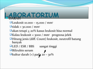 LABORATORIUMDARAH
Leukosit 10.000 – 15.000 / mm3
tidak > 30.000 / mm3
akan tetapi + 20% kasus leukosit bisa normal
Kalau leukosit < 3000 / mm3
prognosa jelek
Hitung jenis (diff. Count) leukosit, neutrofil batang
banyak
LED / ESR / BBS sangat tinggi
Bilirubin serum
kultur darah (+) pada 20 – 30%
 