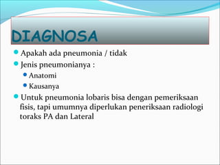 DIAGNOSA
Apakah ada pneumonia / tidak
Jenis pneumonianya :
Anatomi
Kausanya
Untuk pneumonia lobaris bisa dengan pemeriksaan
fisis, tapi umumnya diperlukan peneriksaan radiologi
toraks PA dan Lateral
 