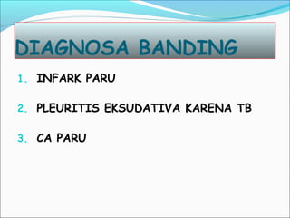 DIAGNOSA BANDING
1. INFARK PARU
2. PLEURITIS EKSUDATIVA KARENA TB
3. CA PARU
 