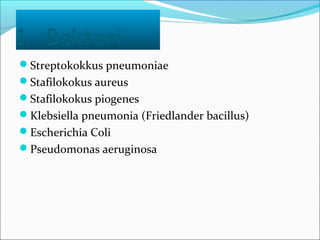 1. Bakteri
Streptokokkus pneumoniae
Stafilokokus aureus
Stafilokokus piogenes
Klebsiella pneumonia (Friedlander bacillus)
Escherichia Coli
Pseudomonas aeruginosa
 