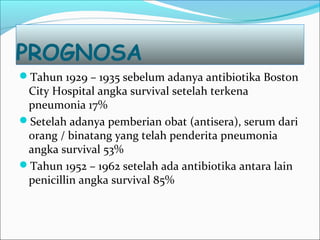 PROGNOSA
Tahun 1929 – 1935 sebelum adanya antibiotika Boston
City Hospital angka survival setelah terkena
pneumonia 17%
Setelah adanya pemberian obat (antisera), serum dari
orang / binatang yang telah penderita pneumonia
angka survival 53%
Tahun 1952 – 1962 setelah ada antibiotika antara lain
penicillin angka survival 85%
 