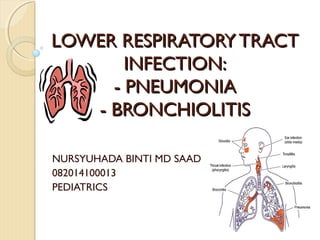 LOWER RESPIRATORYTRACTLOWER RESPIRATORYTRACT
INFECTION:INFECTION:
- PNEUMONIA- PNEUMONIA
- BRONCHIOLITIS- BRONCHIOLITIS
NURSYUHADA BINTI MD SAAD
082014100013
PEDIATRICS
 
