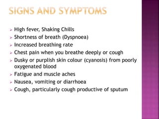  High fever, Shaking Chills
 Shortness of breath (Dyspnoea)
 Increased breathing rate
 Chest pain when you breathe deeply or cough
 Dusky or purplish skin colour (cyanosis) from poorly
oxygenated blood
 Fatigue and muscle aches
 Nausea, vomiting or diarrhoea
 Cough, particularly cough productive of sputum
 