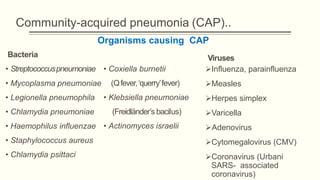 Community-acquired pneumonia (CAP)..
Bacteria
• Streptococcuspneumoniae
• Mycoplasma pneumoniae
• Legionella pneumophila
• Chlamydia pneumoniae
• Haemophilus influenzae
• Staphylococcus aureus
• Chlamydia psittaci
• Coxiella burnetii
(Qfever,‘querry’fever)
• Klebsiella pneumoniae
(Freidländer’s bacilus)
• Actinomyces israelii
Influenza, parainfluenza
Measles
Herpes simplex
Varicella
Adenovirus
Cytomegalovirus (CMV)
Coronavirus (Urbani
SARS- associated
coronavirus)
Organisms causing CAP
Viruses
 
