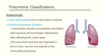 Pneumonia: Classifications..
Anatomically
 Lobar pneumonia if one or more lobe is involved
 Broncho-pneumonia (Lobular)
1.more patchy alveolar consolidation associated
with bronchial and bronchiolar inflammation
often affecting both lower lobes
2.the pneumonic process has originated in
one or more bronchi and extends to the
surrounding lung tissue
 