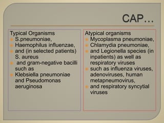 Typical Organisms
 S.pneumoniae,
 Haemophilus influenzae,
 and (in selected patients)
S. aureus
 and gram-negative bacilli
such as
 Klebsiella pneumoniae
and Pseudomonas
aeruginosa
Atypical organisms
 Mycoplasma pneumoniae,
 Chlamydia pneumoniae,
 and Legionella species (in
inpatients) as well as
respiratory viruses
 such as influenza viruses,
adenoviruses, human
metapneumovirus,
 and respiratory syncytial
viruses
 