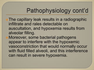 The capillary leak results in a radiographic
infiltrate and rales detectable on
auscultation, and hypoxemia results from
alveolar filling.
Moreover, some bacterial pathogens
appear to interfere with the hypoxemic
vasoconstriction that would normally occur
with fluid filled alveoli, and this interference
can result in severe hypoxemia.
 